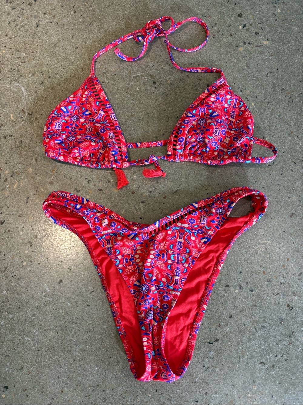 BAKU Red Floral Triangle Bikini Set with Tassel Accent